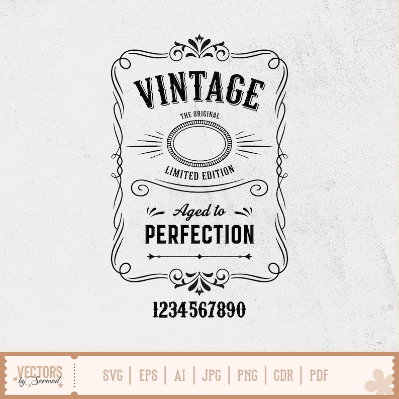 Pu&ograve; includere: Design in bianco e nero a tema vintage con la parola "VINTAGE" in alto, "Aged to PERFECTION" al centro e i numeri 1-9 in basso. Il design include elementi decorativi e il testo "LIMITED EDITION".