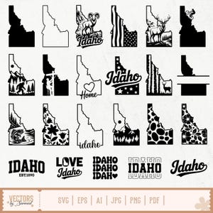 May include: A collection of black and white vector graphics featuring the outline of the state of Idaho. Designs include wildlife, landscapes, and text such as "Idaho" and "Love Idaho". Formats include SVG, EPS, AI, JPG, PNG, and PDF.