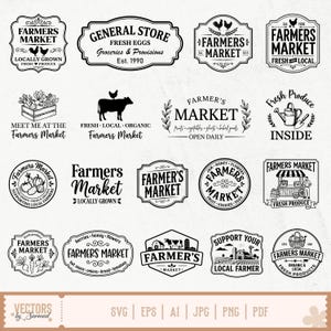 May include: A collection of twenty black and white graphic logos featuring farmers market themes. The designs include illustrations of roosters, cows, produce, and farm buildings with text such as Farmers Market, General Store, and Fresh Produce.