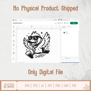 K&ouml;nnte beinhalten: Schwarz-wei&szlig;e digitale Grafik einer Ente mit Sonnenbrille und Kreuzkette, mit ausgebreiteten Fl&uuml;geln. Der Text "No Physical Product Shipped" und "Only Digital File" werden angezeigt. Das Bild zeigt auch Dateitypoptionen.