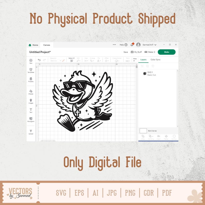 K&ouml;nnte beinhalten: Schwarz-wei&szlig;e digitale Grafik einer Ente mit Sonnenbrille und Kreuzkette, mit ausgebreiteten Fl&uuml;geln. Der Text "No Physical Product Shipped" und "Only Digital File" werden angezeigt. Das Bild zeigt auch Dateitypoptionen.