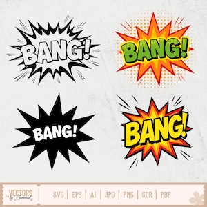 Puede incluir: Cuatro gráficos de cómic "BANG!" en negro, blanco, verde, amarillo y naranja. Cada gráfico presenta la palabra "BANG!" en negrita, rodeada de formas de explosión o estrella. La parte inferior de la imagen incluye opciones de tipo de archivo.