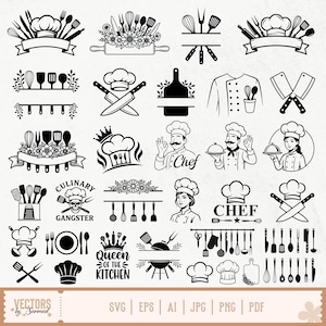 Paquete de archivos SVG de chef, gorro de chef SVG, monograma de chef SVG, utensilios de chef SVG, cocina SVG, disfraz de chef SVG, culinario SVG, logotipo de chef SVG, logotipo de cocina