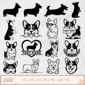 Puede incluir: Una colección de ilustraciones de perros corgi en blanco y negro en varias poses y estilos. Algunos diseños incluyen texto, gafas de sol y elementos decorativos. La parte inferior de la imagen muestra opciones de tipo de archivo: SVG, EPS, AI, JPG, PNG, CDR y PDF.