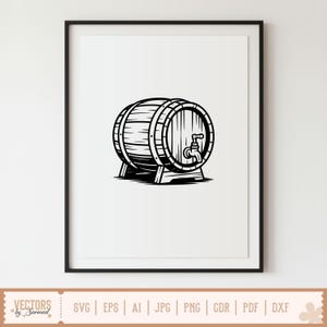 May include: Black and white illustration of a wooden barrel with a spigot, set against a white background. The barrel is supported by a stand. The image is framed in a black border. The bottom of the image has the text "VECTORS by Sarmad" and file type options.