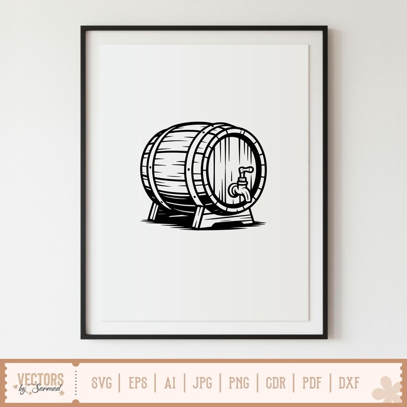 May include: Black and white illustration of a wooden barrel with a spigot, set against a white background. The barrel is supported by a stand. The image is framed in a black border. The bottom of the image has the text "VECTORS by Sarmad" and file type options.