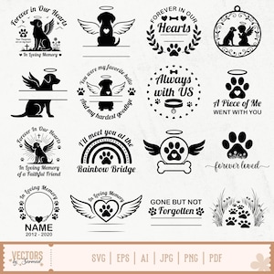Paquete de archivos SVG conmemorativos para perros, nombre conmemorativo para perro, alas de ángel para perro en formato SVG, archivo SVG conmemorativo para mascotas, archivo SVG de pérdida de perro, perro en el cielo en formato SVG, halo de huella de perro, imágenes prediseñadas