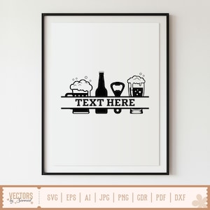 May include: Black and white beer-themed wall art. The design includes a beer bottle, two beer mugs with foam, and a bottle opener. The text "TEXT HERE" is centered below the beer-related icons. The artwork is framed in a black frame.