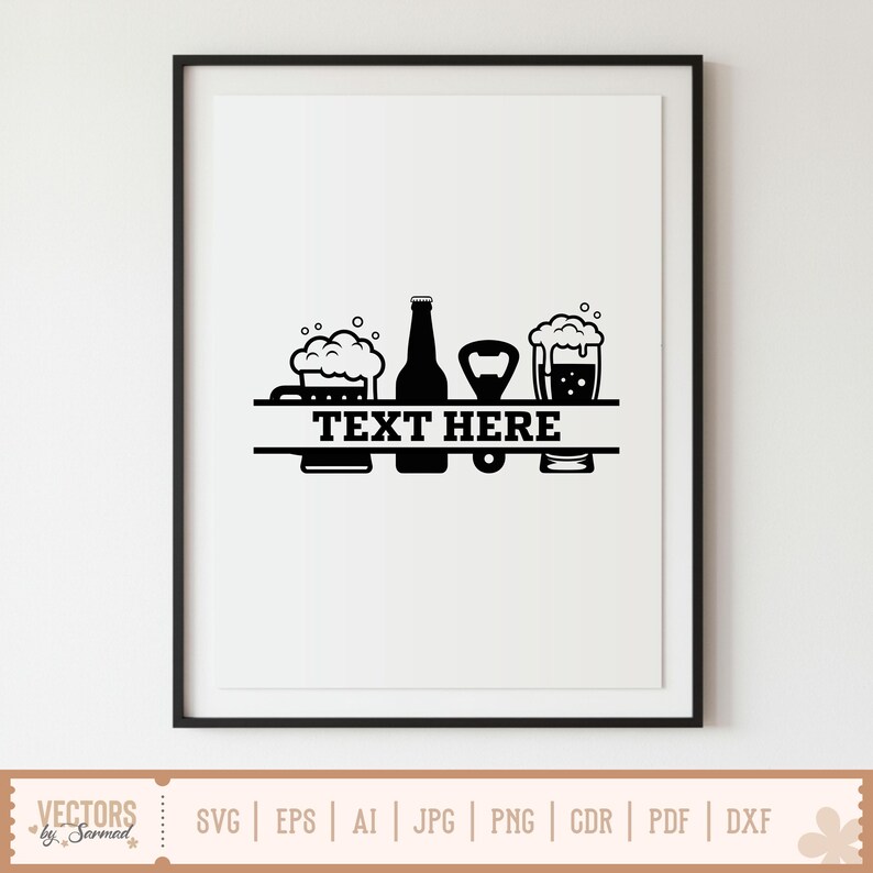 May include: Black and white beer-themed wall art. The design includes a beer bottle, two beer mugs with foam, and a bottle opener. The text "TEXT HERE" is centered below the beer-related icons. The artwork is framed in a black frame.