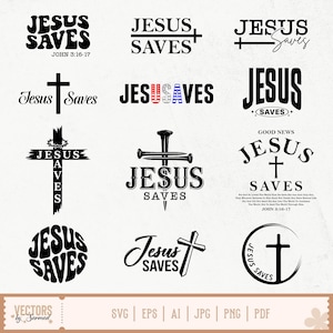 May include: A collection of twelve black and white graphic designs featuring the text Jesus Saves in various fonts and styles, including crosses, circular frames, and patriotic flag patterns, presented as a digital file set for crafting.