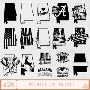 May include: A collection of black and white vector graphics featuring the state of Alabama. Designs include the state outline, text, and illustrations such as a heart, a fish, the American flag, and an elephant.
