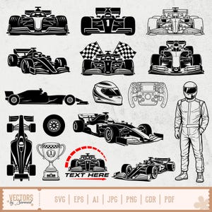 Peut inclure: Ensemble d'illustrations vectorielles en noir et blanc représentant des voitures de course de Formule 1, un casque, un volant, un trophée et un pilote. L'image comprend le texte "TEXT HERE" et des abréviations de types de fichiers.