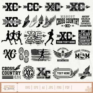 May include: A collection of black and white cross country running designs. Includes silhouettes of runners, winged shoes, text, and the American flag. Designs feature the letters "XC" and the words "Cross Country".