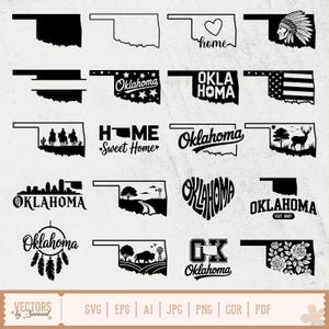 May include: A collection of black and white vector graphics featuring the outline of Oklahoma, with various designs. Some include text like "Oklahoma," "Home Sweet Home," and "OKLA HOMA." Other designs feature a heart, a Native American profile, and a dreamcatcher.