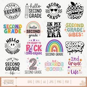 Puede incluir: Una colección de gráficos coloridos con el tema de segundo grado. Los diseños incluyen una carita sonriente con gafas de sol, un arcoíris con una manzana y texto como "Hello Second Grade" y "Second Grade Vibes".