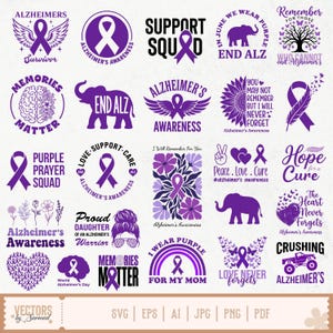 Puede incluir: Una colección de veinticinco diseños gráficos morados para la concienciación sobre el Alzheimer, con cintas, elefantes, girasoles, corazones, mariposas y textos como Memories Matter, Support Squad y Hope for a Cure sobre fondo claro.