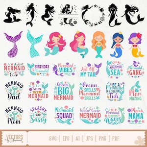 May include: A digital collection of mermaid-themed graphic designs featuring black silhouettes, colourful cartoon mermaids, and various typography phrases including Cutest Mermaid Ever, Mermaid Vibes, and Mermaid Squad, presented in multiple file formats.