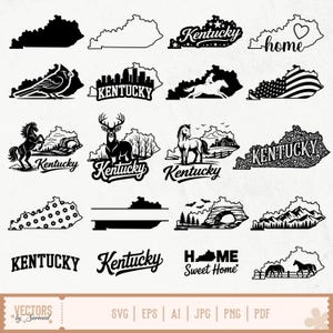 May include: A collection of black and white Kentucky-themed designs. The images include the state outline, text, and illustrations of a cardinal, horse, deer, and landscapes. The designs are suitable for various craft projects.