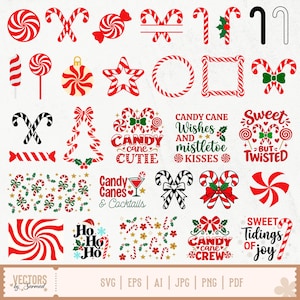 Peut inclure: Une collection numérique de motifs graphiques sur le thème de Noël comprenant des sucres d'orge rouges et blancs, des tourbillons de menthe poivrée, du houx et des textes festifs comme Candy Cane Cutie et Sweet Tidings of Joy.
