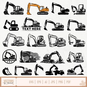 Op de afbeelding: Verzameling van graafmachine-illustraties in verschillende stijlen, waaronder silhouetten en gedetailleerde tekeningen. Sommige ontwerpen bevatten de tekst "TEXT HERE" en een Amerikaanse vlag. De afbeelding bevat ook bestandsopties: SVG, EPS, AI, JPG, PNG en PDF.