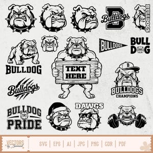 May include: A collection of black and white bulldog-themed graphics. Includes various bulldog illustrations, text that says "Bulldogs", "Dawgs", and "Bulldog Pride", and a bulldog holding a sign that says "Text Here".