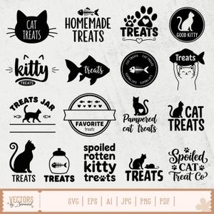 May include: A collection of black and white cat treat designs. The designs include text such as "Cat Treats", "Homemade Treats", "Good Kitty", and "Spoiled Rotten Kitty Treats". There are also images of cats, fish, and paw prints.