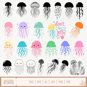 May include: A collection of jellyfish illustrations in various styles and colors. Some are black and white, while others feature vibrant hues like pink, blue, and green. The phrase "don't be jelly" is included. The image also lists file formats: SVG, EPS, AI, JPG, PNG, and PDF.