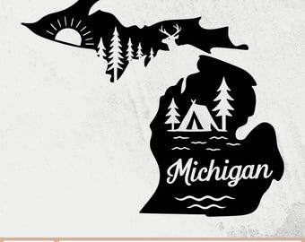 SVG vintage de Michigan, SVG de silueta de Michigan, SVG de casa de Michigan, SVG de árboles de montaña del estado de Michigan, archivo de corte de Michigan