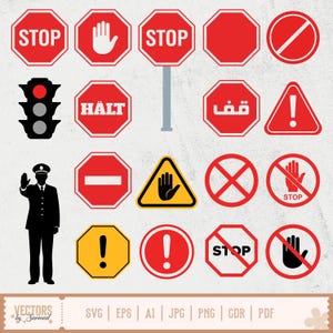 May include: A collection of traffic signs and symbols in red, black, and yellow. Includes stop signs, hand signals, and warning symbols. A silhouette of a traffic officer is also present. The image also contains the text "STOP", "HALT", and "!"