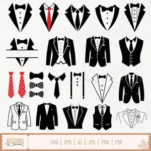Puede incluir: Una colección de ilustraciones vectoriales que presentan elementos de vestimenta formal. La imagen incluye varias chaquetas de esmoquin, pajaritas, corbatas y chalecos en blanco y negro. También hay corbatas rojas con lunares y diseños lisos. La parte inferior de la imagen muestra el texto "VECTORS by Sarmad" y opciones de tipo de archivo.