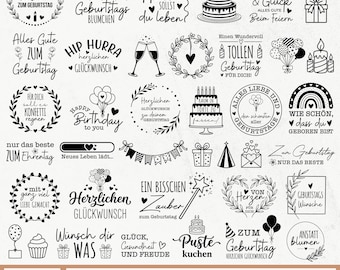 Puede incluir: Una colección de ilustraciones digitales en blanco y negro con temática de cumpleaños que incluye pasteles, globos, coronas florales, gorros de fiesta, regalos y frases en alemán como Alles Liebe zum Geburtstag y Herzlichen Glückwunsch.