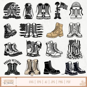 Puede incluir: Una colección de ilustraciones vectoriales en blanco y negro con botas militares, cascos, placas de identificación y banderas estadounidenses. Algunos diseños incluyen detalles florales o el texto PROUD VETERAN. La franja inferior lista los formatos SVG, EPS, AI, JPG, PNG, PDF.