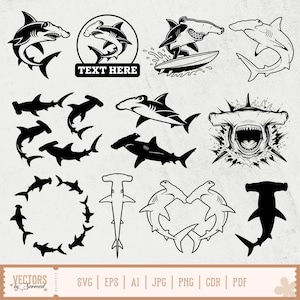 May include: A selection of black and white hammerhead shark designs. Some are silhouettes, others are detailed outlines. One design features the text "TEXT HERE". The image includes file type options at the bottom, such as SVG and PDF.