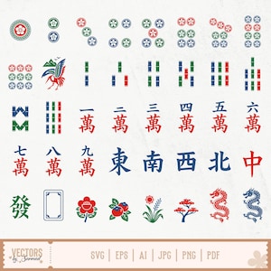 May include: A collection of colorful Mahjong tiles and symbols, including flower and dragon illustrations, and Chinese characters. The tiles feature red, green, and blue accents. The image also includes the text "VECTORS by Sarmad" and file type options.