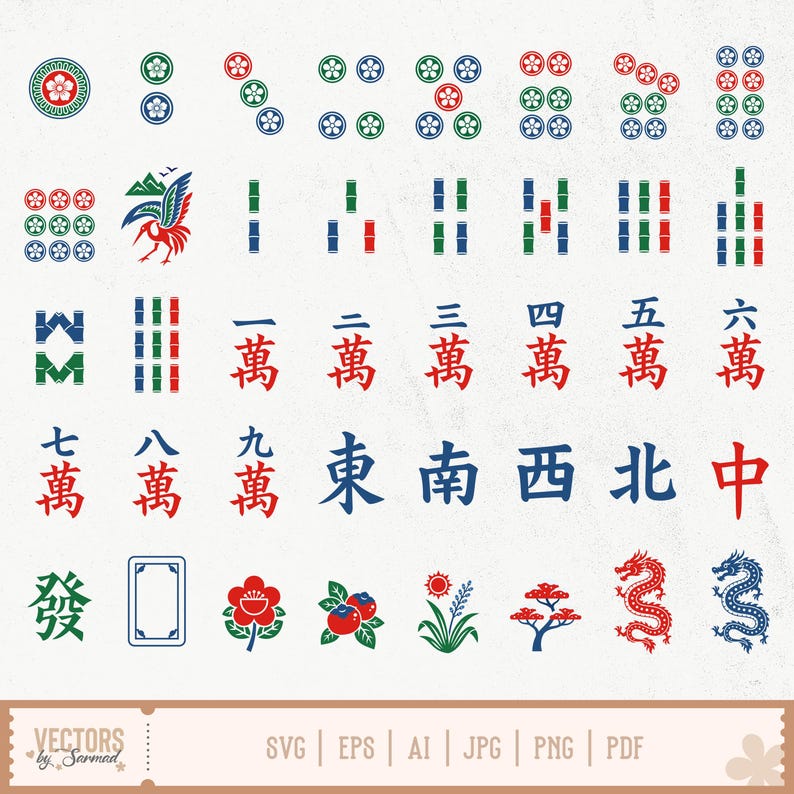 May include: A collection of colorful Mahjong tiles and symbols, including flower and dragon illustrations, and Chinese characters. The tiles feature red, green, and blue accents. The image also includes the text "VECTORS by Sarmad" and file type options.
