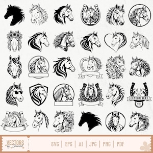 Può includere: Una collezione di trenta illustrazioni di cavalli in bianco e nero con vari profili di testa, alcuni adornati con ghirlande floreali, ferri di cavallo, cuori o scudi. Il banner inferiore include il testo VECTORS by Sarmad SVG EPS AI JPG PNG PDF.