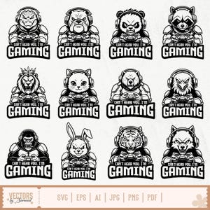 Op de afbeelding: Zwart-wit vectorillustraties van dieren zoals een krokodil, bulldog, panda en wasbeer, elk met een koptelefoon en een gamecontroller. De tekst "CAN'T HEAR YOU. I'M GAMING" staat eronder. Bestandsopties staan onderaan.