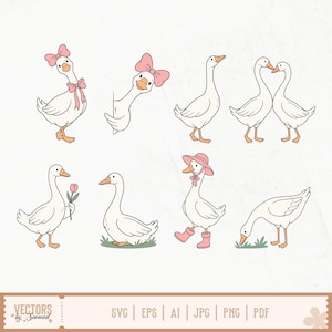 May include: A collection of eight white goose illustrations featuring various poses and accessories, including pink bows, a pink sun hat, pink rain boots, and a single pink tulip. The text at the bottom reads VECTORS by Sarmad SVG EPS AI JPG PNG PDF.