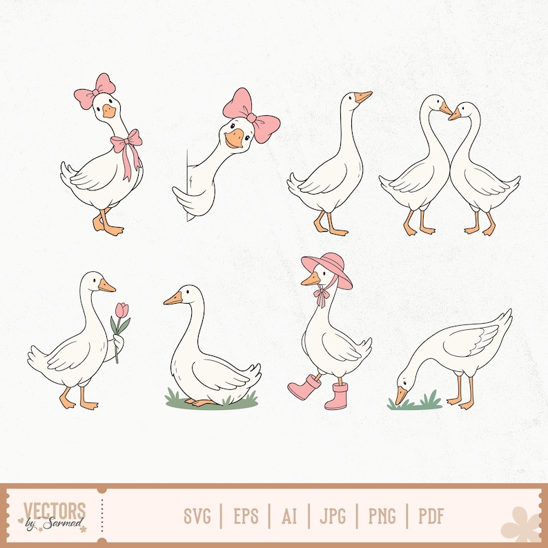 May include: A collection of eight white goose illustrations featuring various poses and accessories, including pink bows, a pink sun hat, pink rain boots, and a single pink tulip. The text at the bottom reads VECTORS by Sarmad SVG EPS AI JPG PNG PDF.