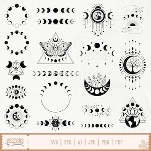 Pode incluir: Uma coleção de gráficos vetoriais em preto e branco com tema celestial. Os designs incluem fases da lua, uma borboleta dentro de um triângulo, uma árvore da vida e outros símbolos místicos. A imagem também inclui o texto "VECTORS by Sarmad" e opções de tipo de arquivo.