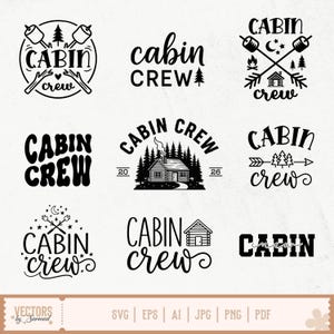 May include: A collection of black and white cabin-themed designs. The designs include text that says "Cabin Crew" and "Cabin", along with illustrations of a cabin, trees, marshmallows on sticks, and stars. The designs are in various fonts and styles.