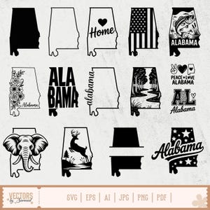 May include: A selection of black and white vector graphics featuring the state of Alabama. Designs include the state outline with a heart, the American flag, floral accents, and the words "Alabama" and "Home."