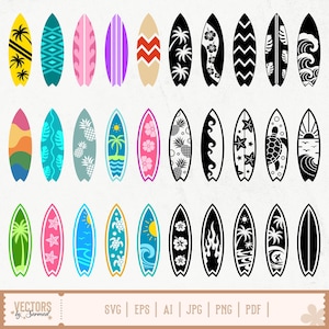 Puede incluir: Una colección de tablas de surf coloridas con varios diseños, incluyendo palmeras, flores y patrones geométricos. Las tablas de surf son en tonos de amarillo, turquesa, rosa, morado y negro, perfectas para proyectos con temática de playa.