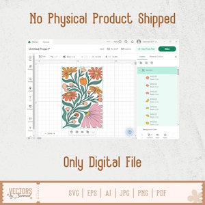 Op de afbeelding: Een digitaal bloemenontwerp in oranje, roze en groen, weergegeven op een computerscherm. De tekst "No Physical Product Shipped" en "Only Digital File" zijn zichtbaar. Bestandsformaten: SVG, EPS, AI, JPG, PNG en PDF.