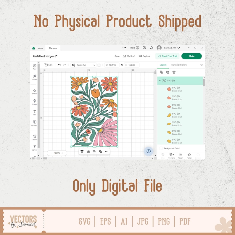 Op de afbeelding: Een digitaal bloemenontwerp in oranje, roze en groen, weergegeven op een computerscherm. De tekst "No Physical Product Shipped" en "Only Digital File" zijn zichtbaar. Bestandsformaten: SVG, EPS, AI, JPG, PNG en PDF.