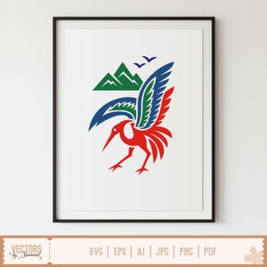 May include: A framed art print featuring a stylized bird design in red, blue, and green. The artwork includes a mountain range and birds in flight. The print is in a black frame.