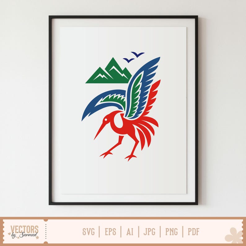 May include: A framed art print featuring a stylized bird design in red, blue, and green. The artwork includes a mountain range and birds in flight. The print is in a black frame.
