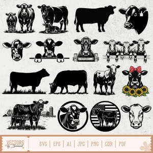 Puede incluir: Ilustraciones de vacas en blanco y negro en diversas poses y estilos. Algunas vacas están de pie, otras pastando, y otras en silueta. Una vaca tiene un lazo rojo y girasoles. La imagen incluye el texto "VECTORS by Sarmad" y opciones de tipo de archivo.