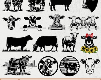 Angus Cow SVG Bundle, Angus Cow and Calf SVG, Black Angus SVG, Farm Animal Clipart, Angus Cow Head, Peeking Angus Cow, Angus Cattle Svg