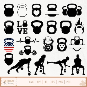 May include: A collection of black kettlebell silhouettes in various designs, including heart shapes, the American flag, and a lion's head. Also includes silhouettes of people exercising with kettlebells. The image includes the text "VECTORS by Sarmad".